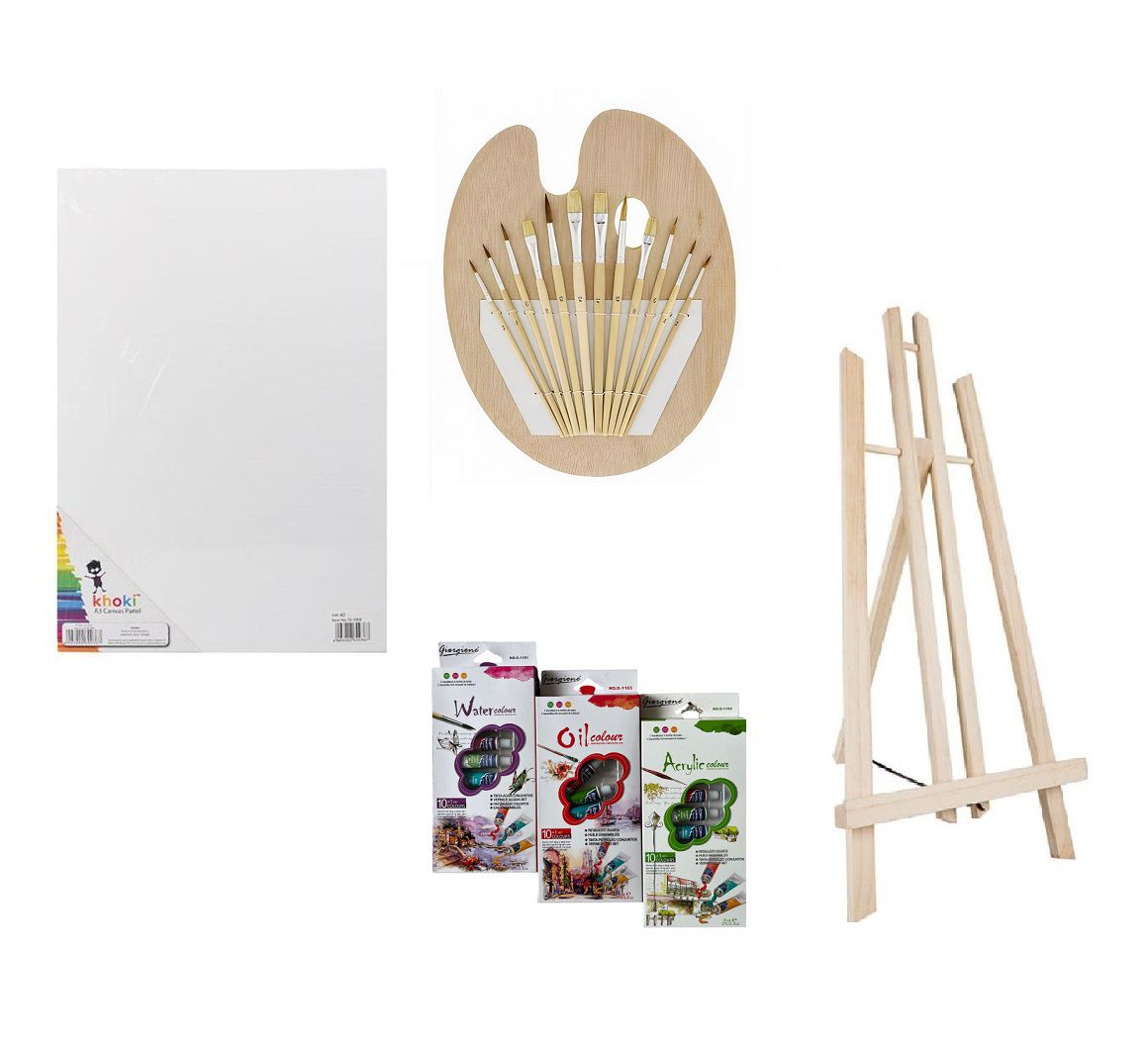 Paint Brushes & Palette, A3 Canvas, Desk Easel & 3 Pack Assorted Paint Set