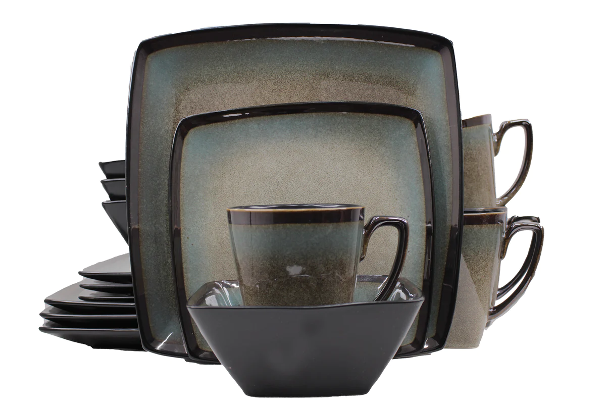 16 Piece Couture Banded Border Square Stoneware Dinner Set - Reactive Cream-Blue