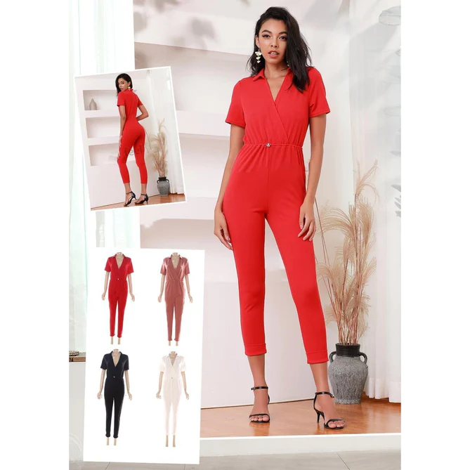 Deep V-Neck 3 Quarter Sleeve jumpsuits