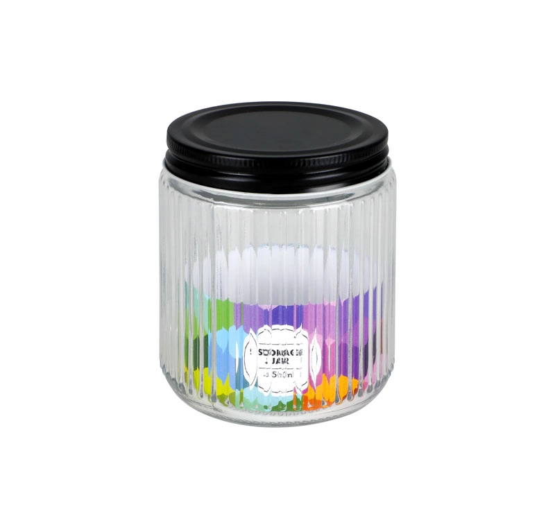 Ribbed Glass Jar With Black Lid,450ml