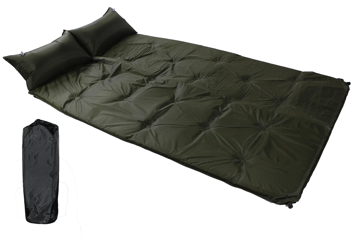 184x120cm Army Green Self-Inflating Double Camping Mattress with Inflatable Head